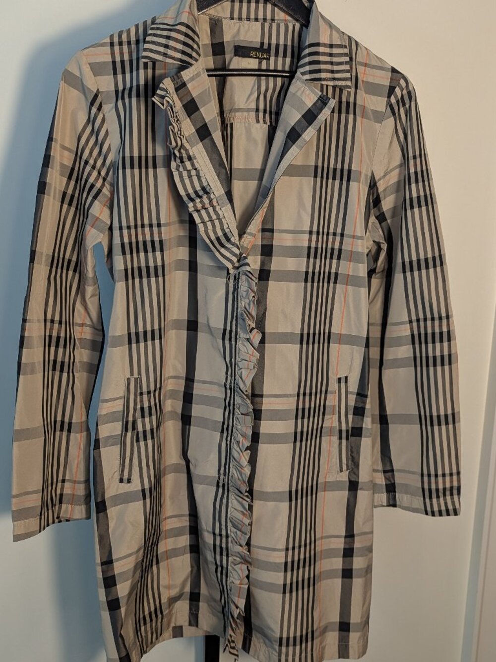 Heritage Plaid Jacket Lightweight Trench Coat Ruffle Front Belted | Sz M